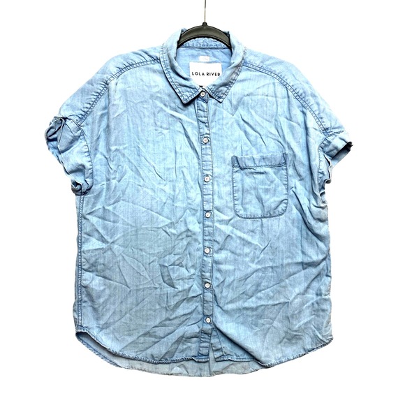 Lola River Shirt Top Womens Large Blue Short Sleeve Tencel Light Button Down - Picture 1 of 9